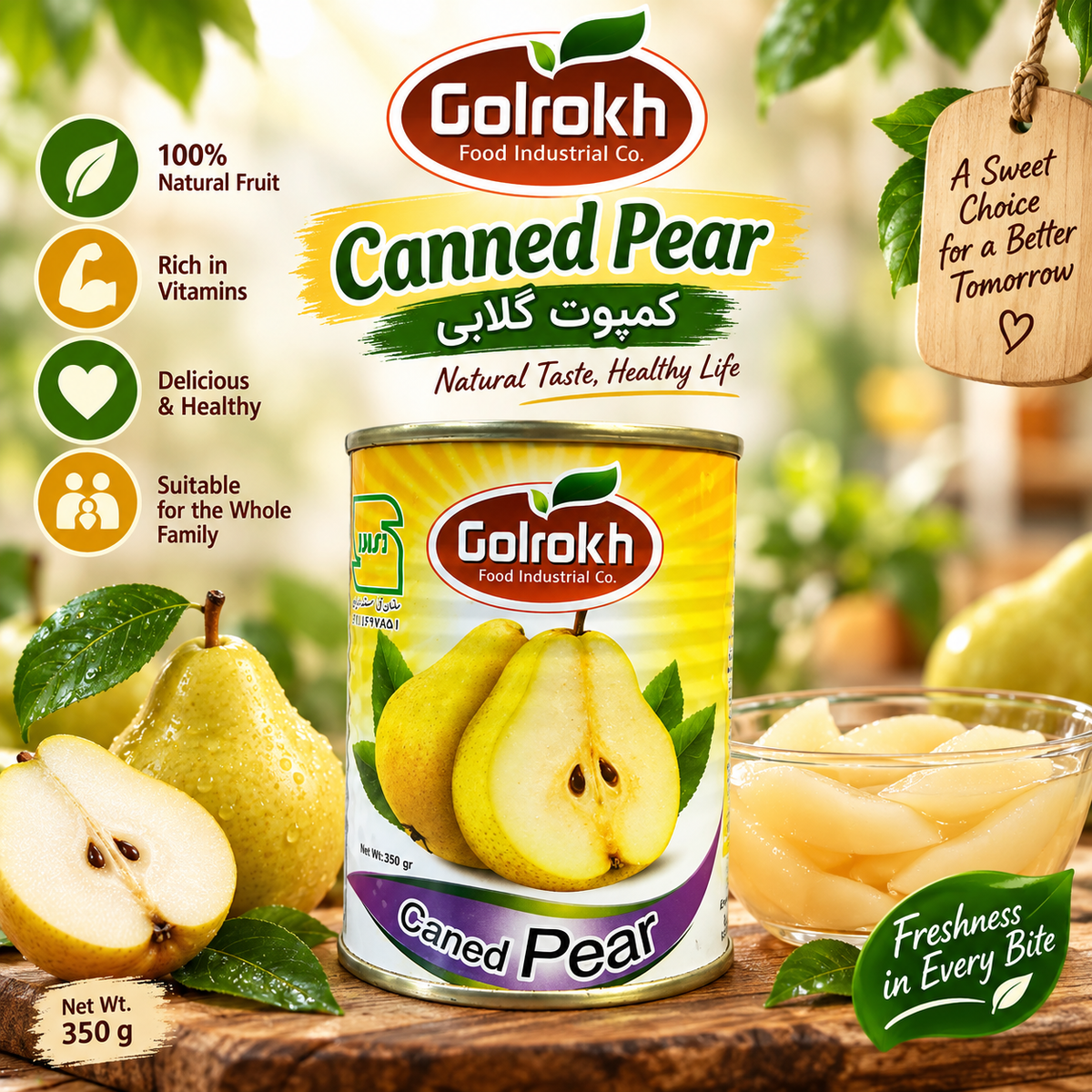 Golrokh Canned Pear in Light Syrup – 350g Can