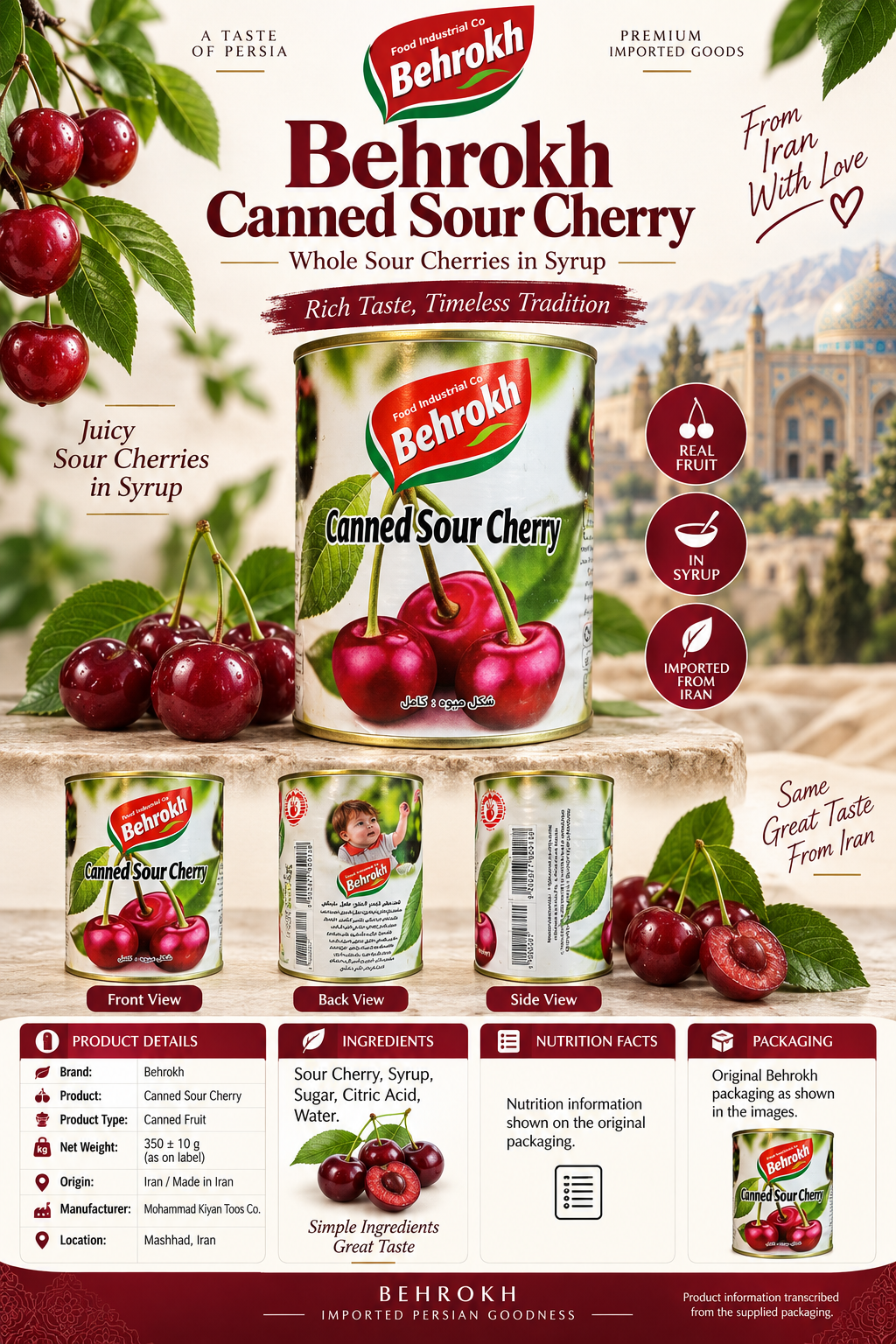 Behrokh Canned Sour Cherries in Light Syrup – 350g Can
