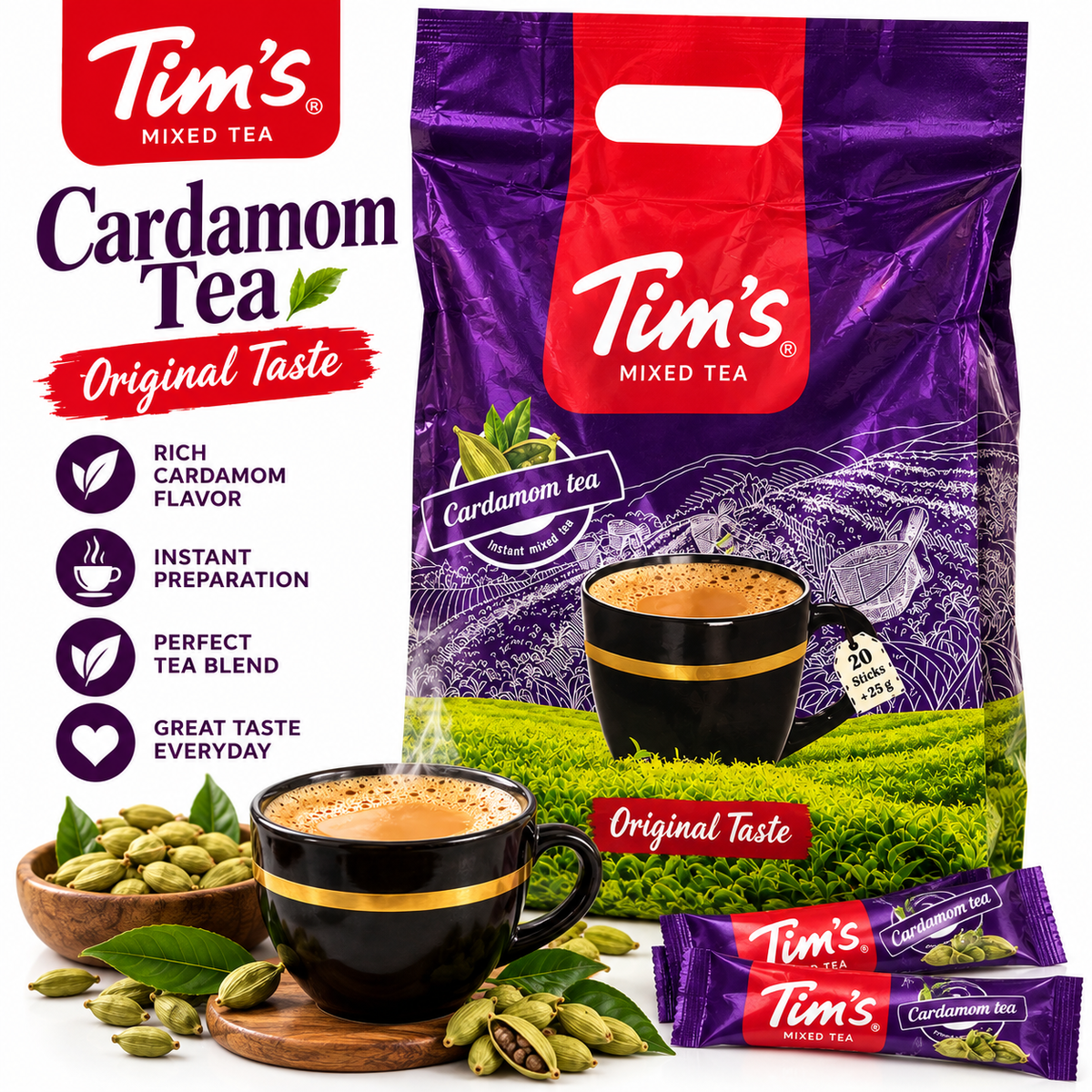 Tim’s Cardamom Mixed Tea – Instant Tea | 20 Sticks