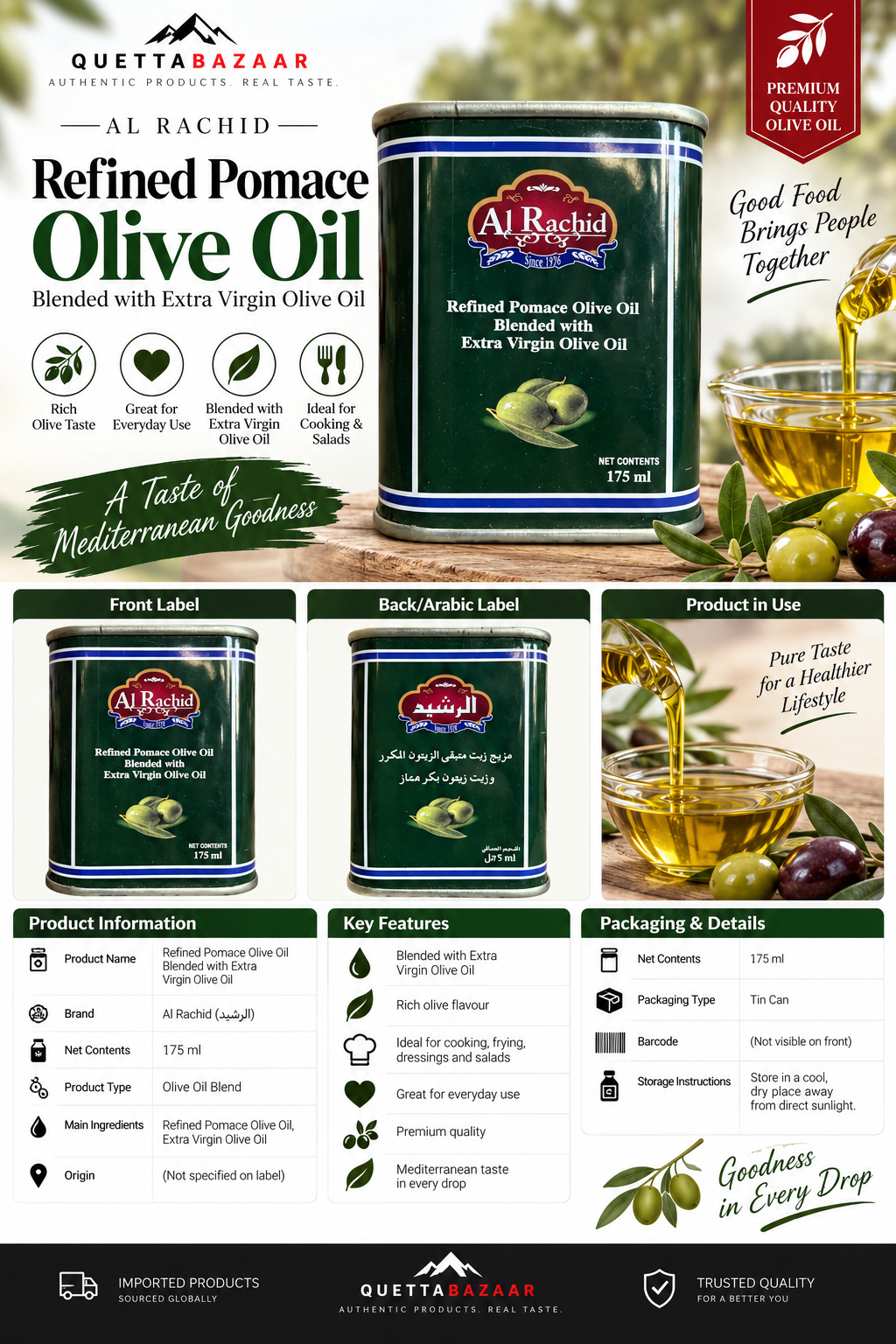 Al Rachid Refined Pomace Olive Oil Blended with Extra Virgin Olive Oil (175ml)