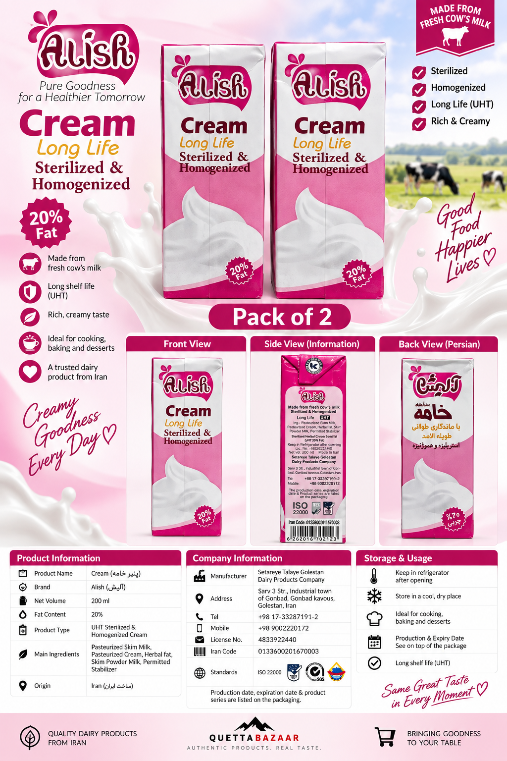 Alish UHT Long Life Cream Sterilized & Homogenized – 200ml Pack (pack of 2 )