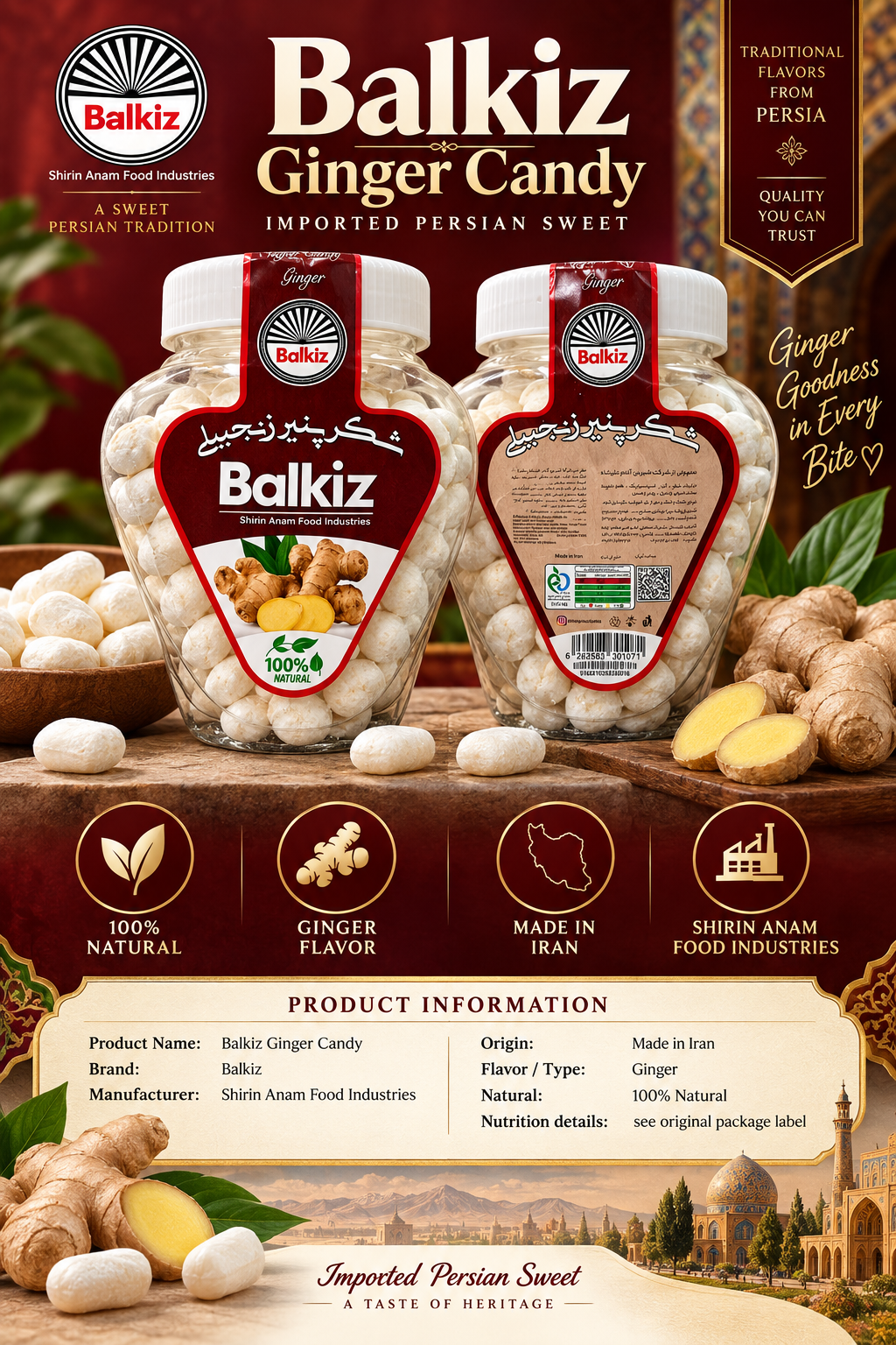 Balkiz Ginger Shekar Panir (Persian Soft Sugar Candy) - 800 G