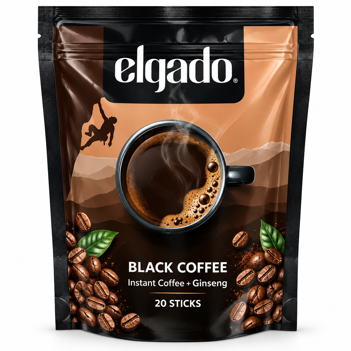 Elgado Black Instant Coffee with Ginseng Extract – 50g (20 Sticks × 2.5g)